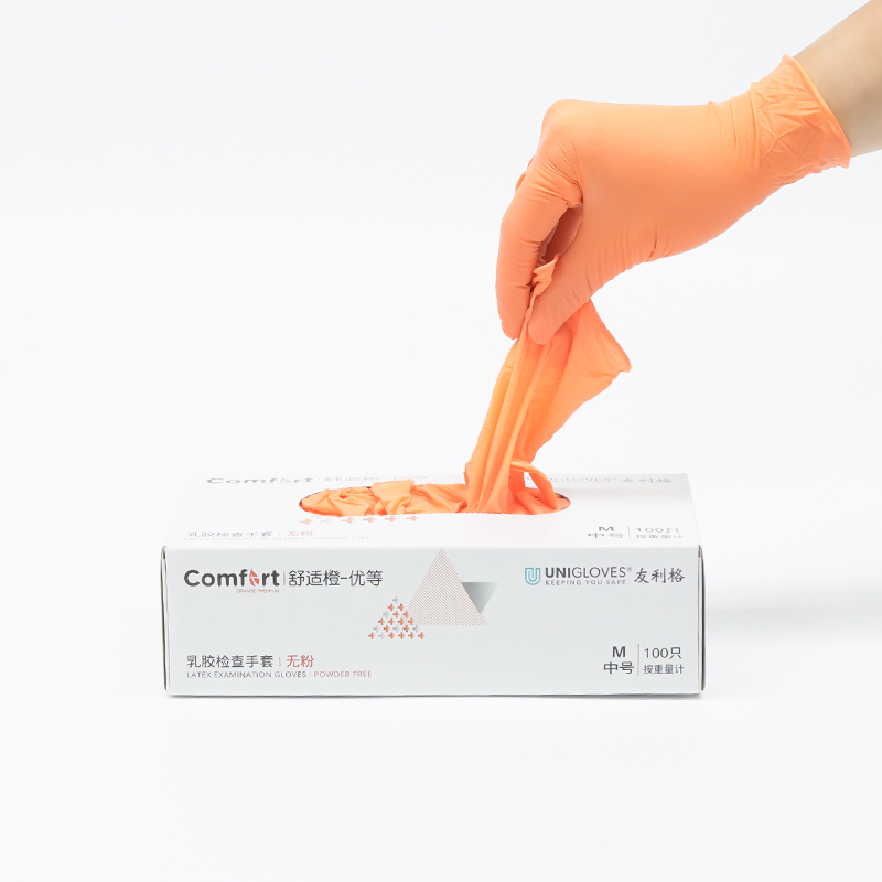 友利格舒適COMFORT U1100一次性無粉優等橙色乳膠檢查手套圖片3