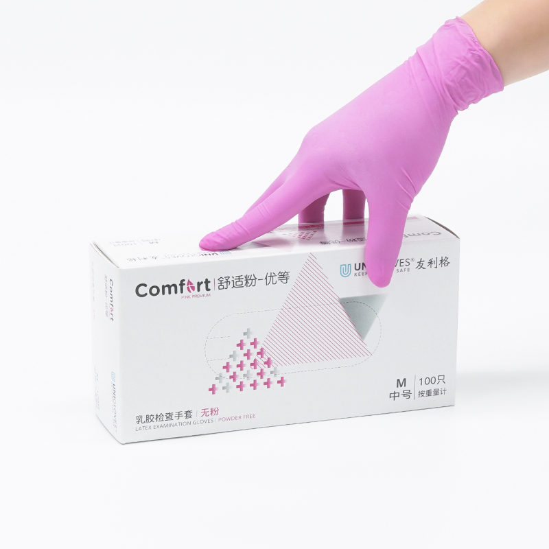 友利格舒適COMFORT U1500一次性無粉優等粉色乳膠檢查手套圖片2