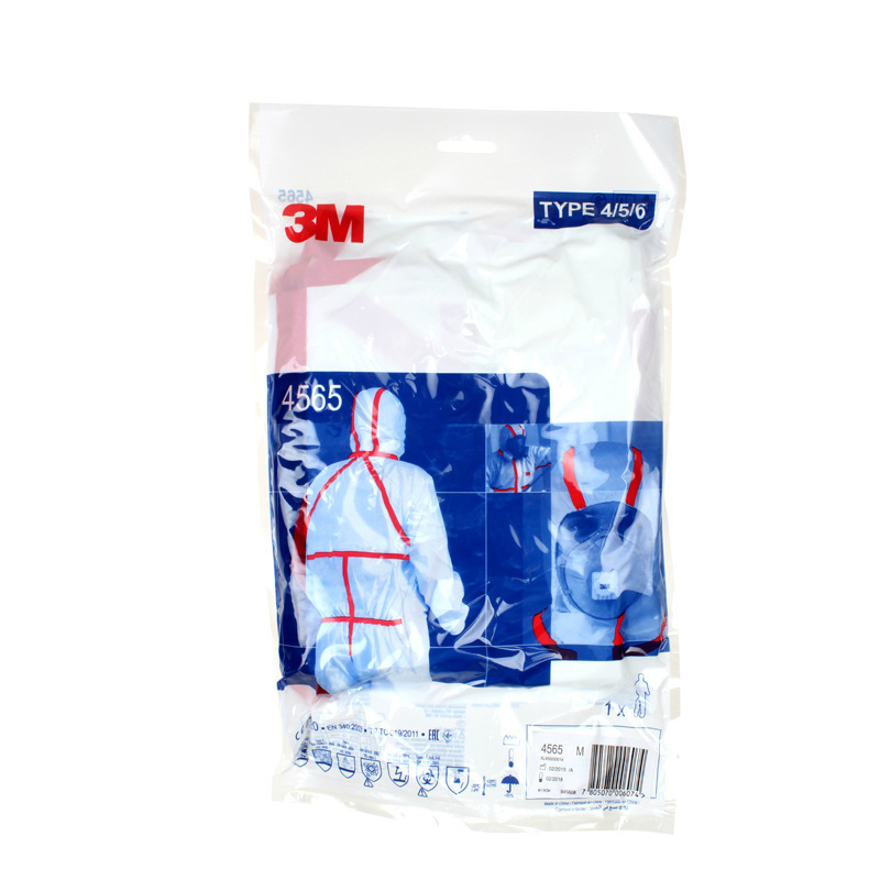 3M4565白色帶帽紅色膠條連體防護服圖片3