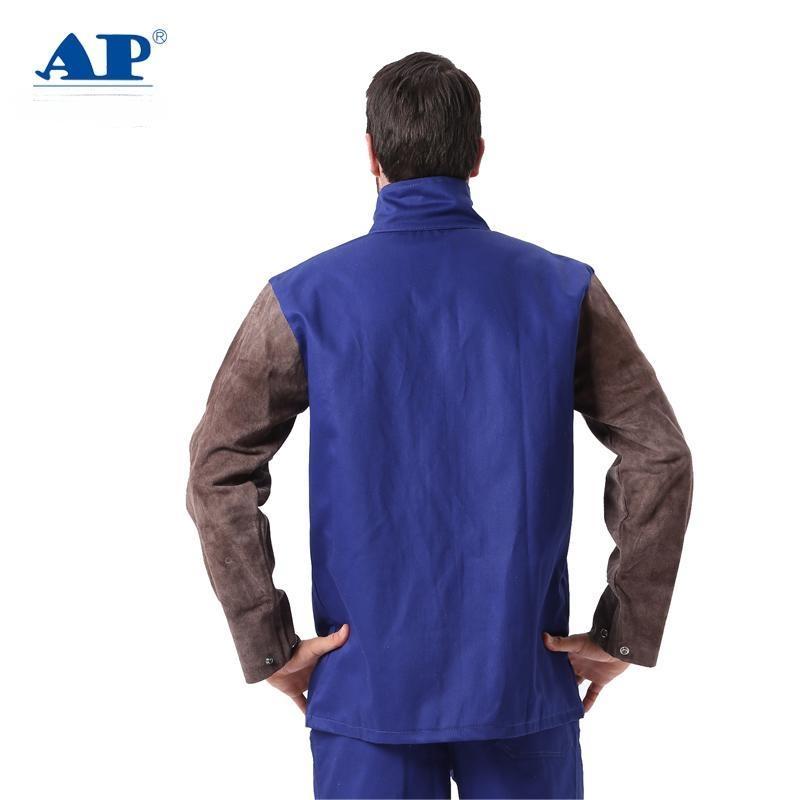 友盟AP-2530防火布配炭啡色皮袖焊工服圖片1