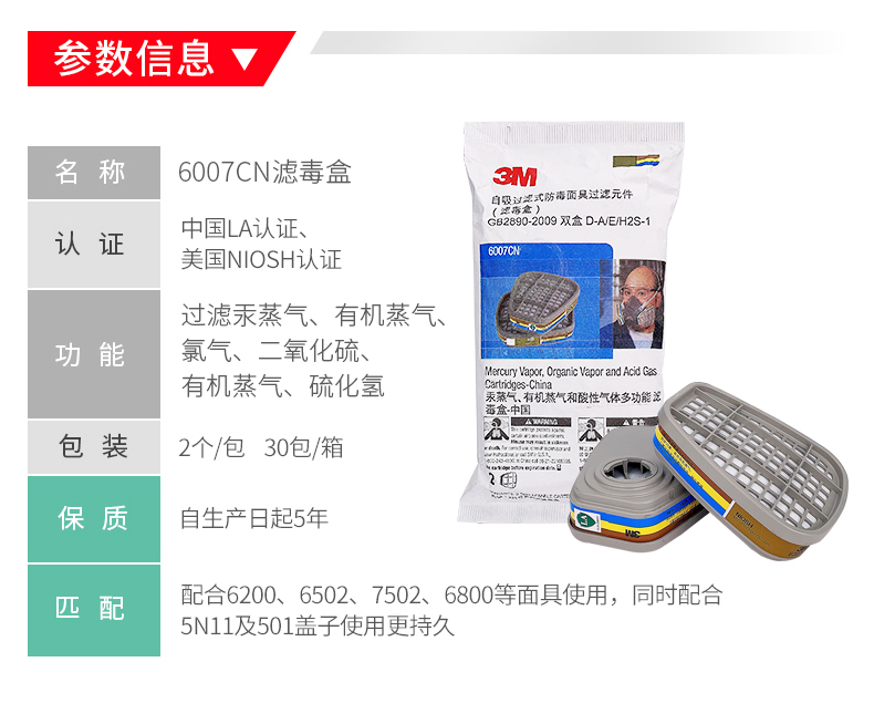 3M6007CN防汞蒸氣有機(jī)酸性氣體濾毒盒圖片5