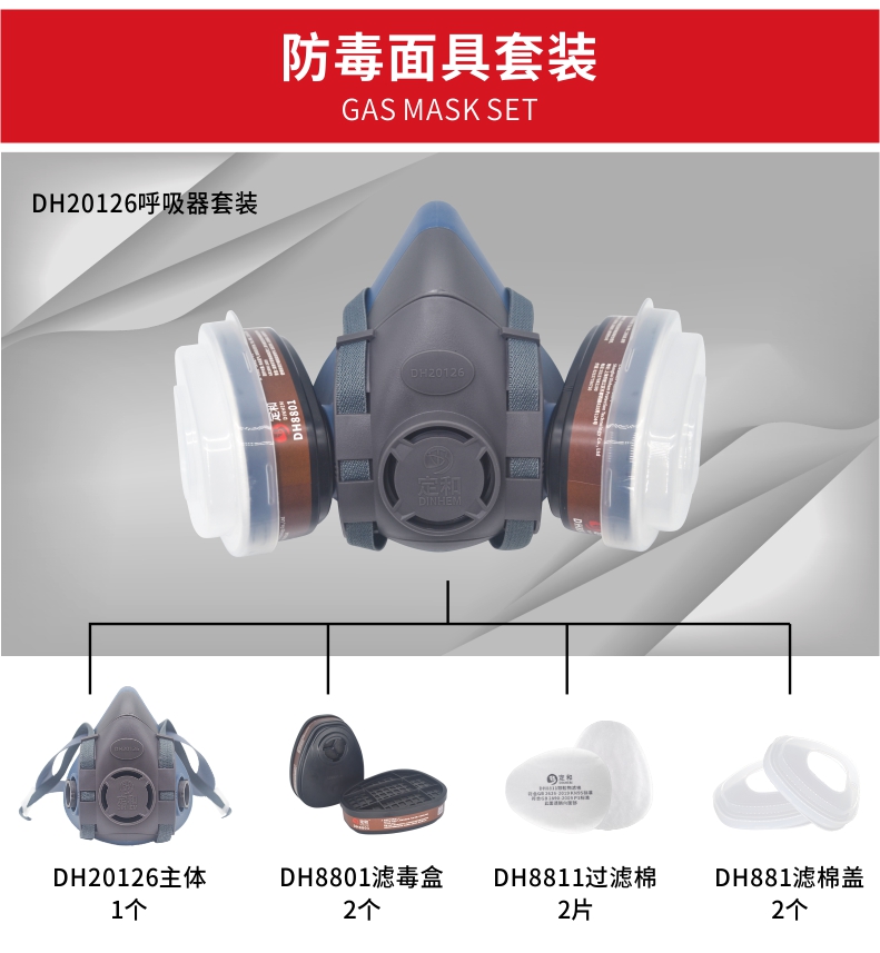 定和DH20126+8801硅膠雙濾盒半面罩防毒面具套裝圖片2