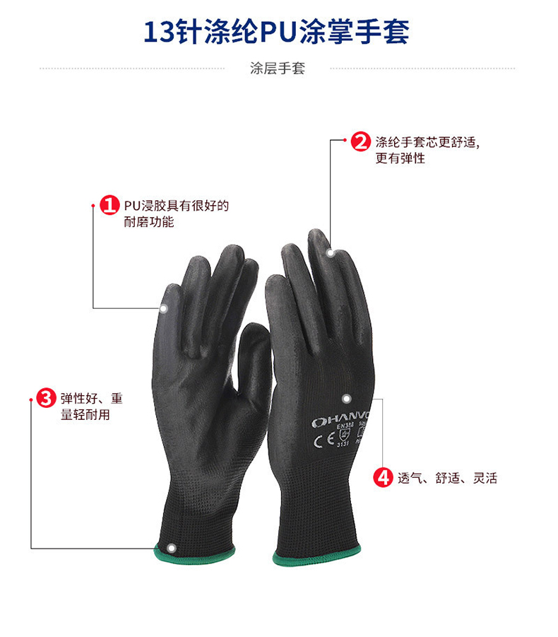 恒輝PE304黑色PU涂掌勞保手套圖片2