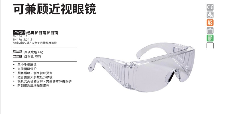 波偉斯特Portwest PW30 Visitor經典款抗沖擊防護眼鏡