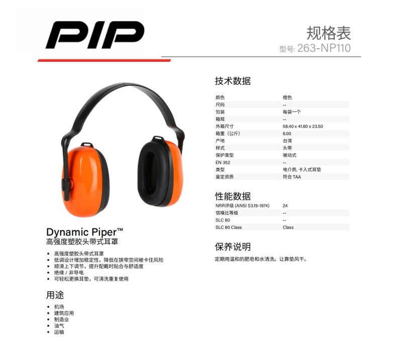 PIP 263-NP110高強度塑膠頭帶式防噪音耳罩