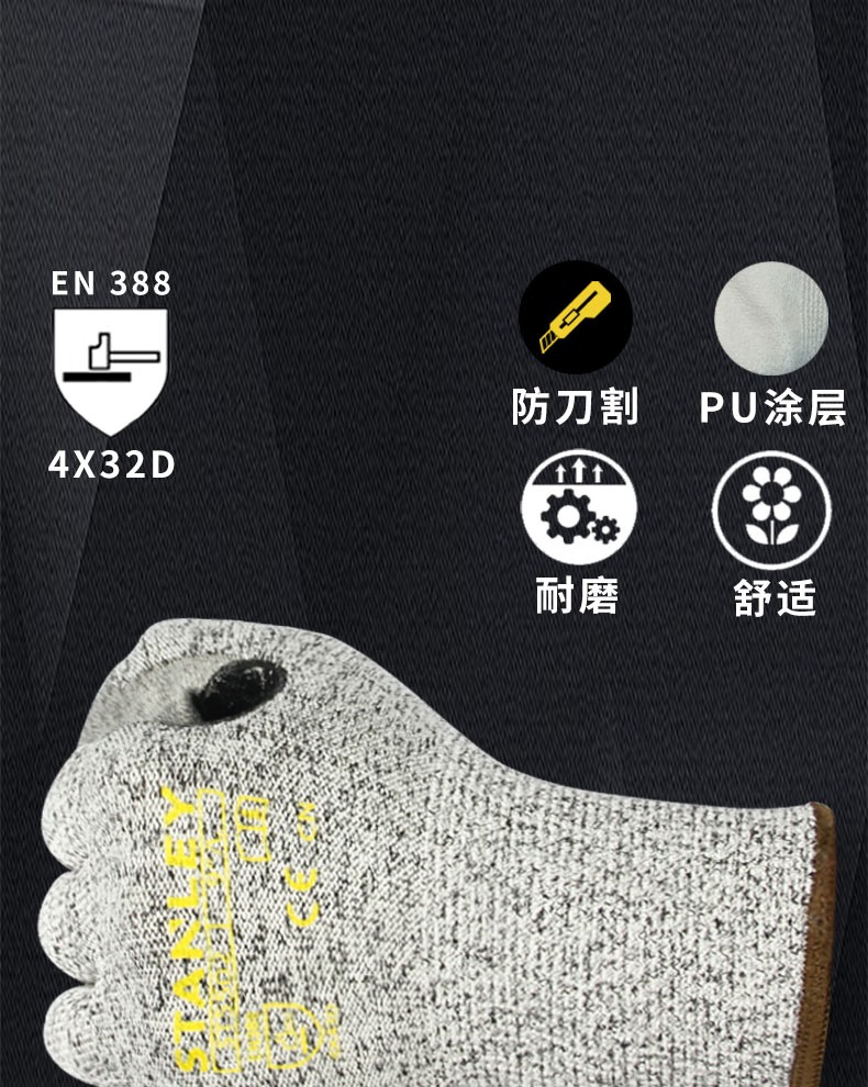 STANLEY史丹利ST5502灰色PU涂層耐磨防滑虎口丁腈加固防割手套6