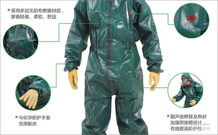 3M4680綠色帶帽連體防護服多層無紡布覆膜材質