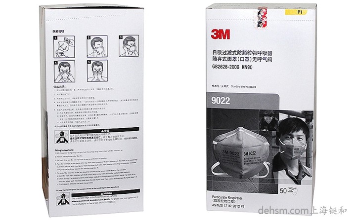 3M9022口罩50只/盒,包裝盒正反面圖