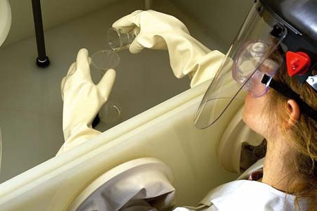 戴防化手套進行化學(xué)實驗