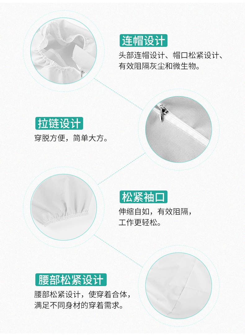一次性醫(yī)用隔離衣帶帽設(shè)計，整個防護性能優(yōu)異