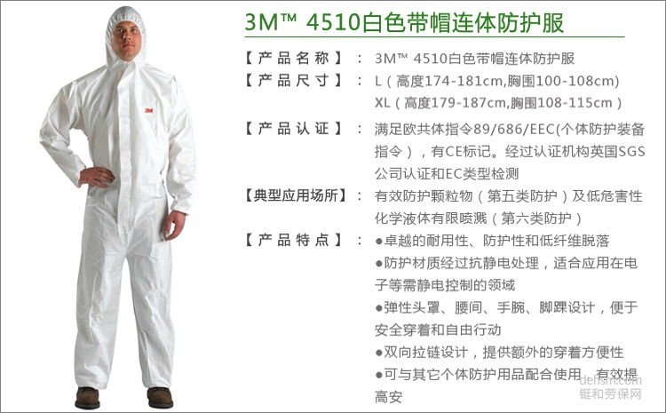 3M4510白色帶帽連體防護服介紹